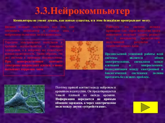 3.3.Нейрокомпьютер Компьютеры не умеют думать, как живые существа, и в этом безнадёжно