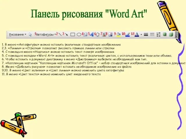 Панель рисования "Word Art" 1. В меню «Автофигуры» можно вставить различные стандартные