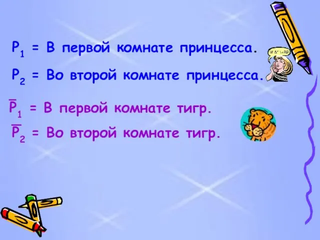 P1 = В первой комнате принцесса. P2 = Во второй комнате принцесса.