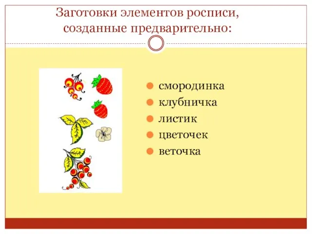 Заготовки элементов росписи, созданные предварительно: смородинка клубничка листик цветочек веточка