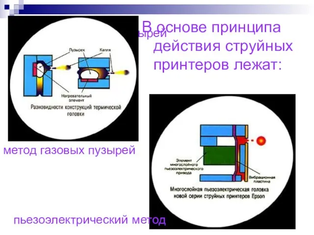 метод газовых пузырей В основе принципа действия струйных принтеров лежат: метод газовых пузырей пьезоэлектрический метод