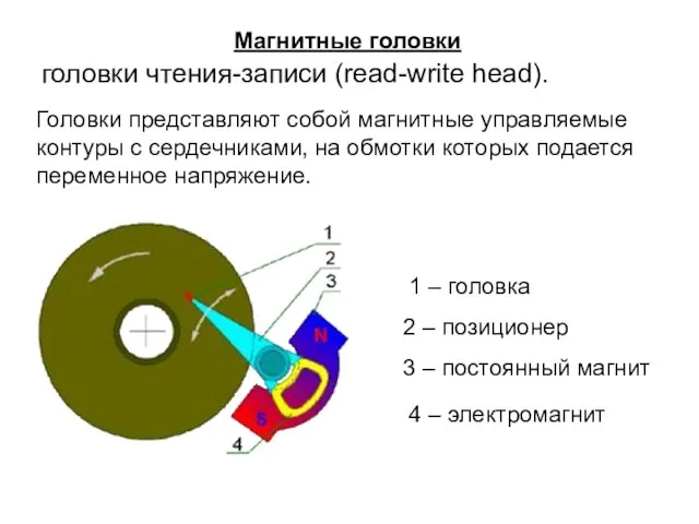 Магнитные головки головки чтения-записи (read-write head). Головки представляют собой магнитные управляемые контуры