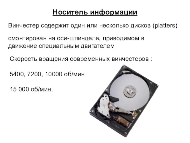 Носитель информации Винчестер содержит один или несколько дисков (platters) смонтирован на оси-шпинделе,