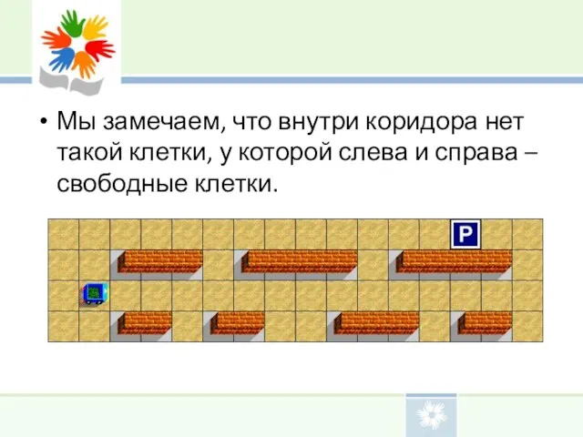 Мы замечаем, что внутри коридора нет такой клетки, у которой слева и справа – свободные клетки.