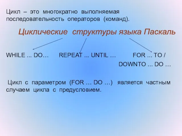 Цикл – это многократно выполняемая последовательность операторов (команд). WHILE ... DO… REPEAT