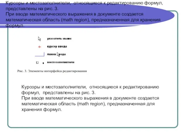 Курсоры и местозаполнители, относящиеся к редактированию формул, представлены на рис. 3. При