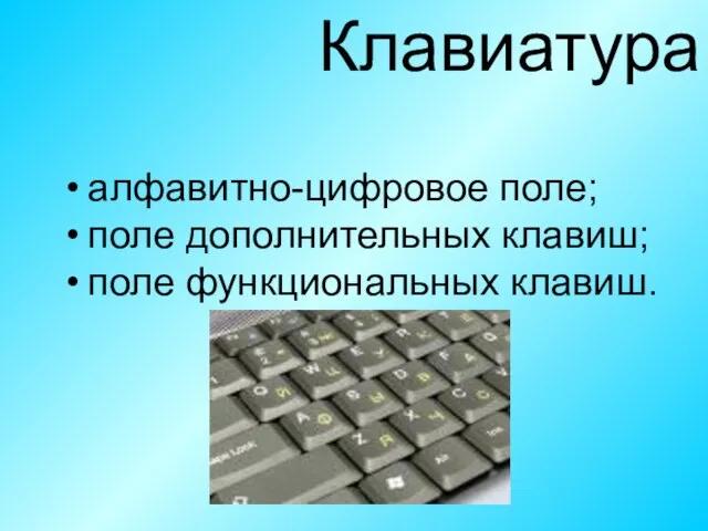 алфавитно-цифровое поле; поле дополнительных клавиш; поле функциональных клавиш. Клавиатура