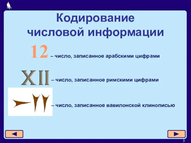 Кодирование числовой информации 12 – число, записанное арабскими цифрами – число, записанное