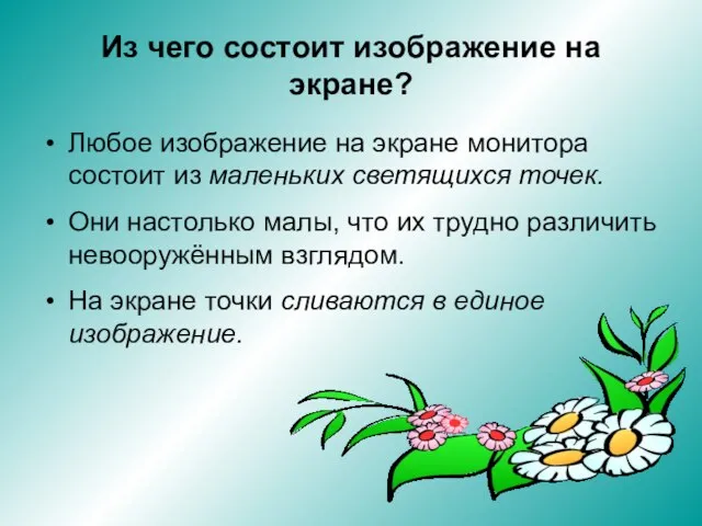 Из чего состоит изображение на экране? Любое изображение на экране монитора состоит