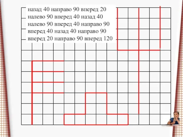 назад 40 направо 90 вперед 20 налево 90 вперед 40 назад 40