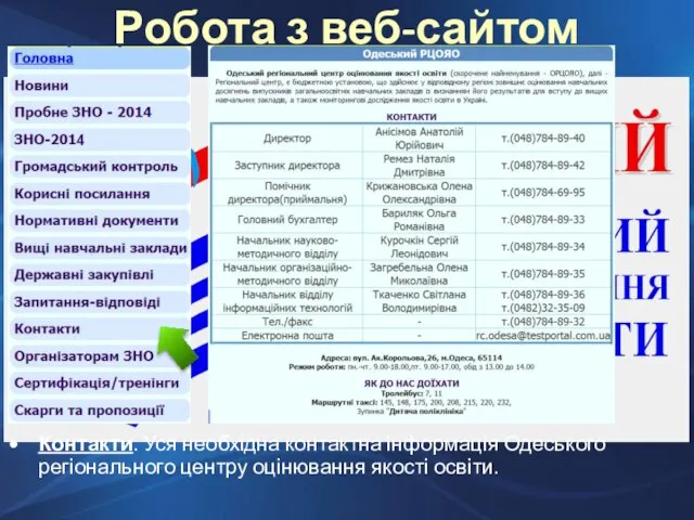 Робота з веб-сайтом ОРЦОЯО Контакти. Уся необхідна контактна інформація Одеського регіонального центру оцінювання якості освіти.