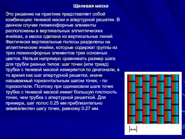 Это решение на практике представляет собой комбинацию теневой маски и апертурной решетки.