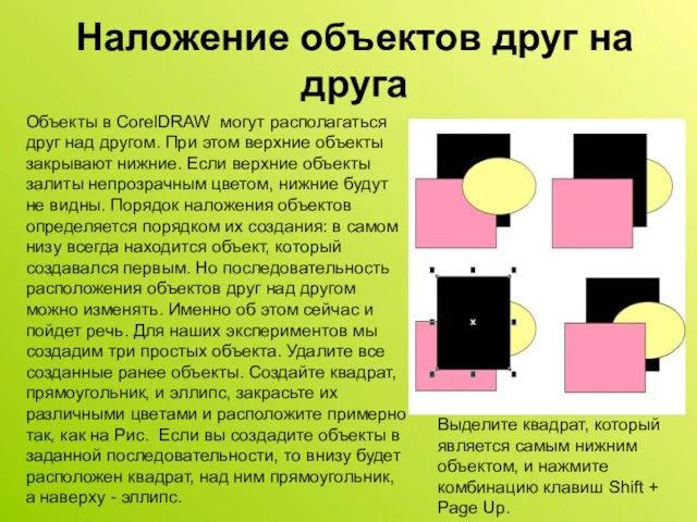 Наложение объектов друг на друга Объекты в CorelDRAW могут располагаться друг над