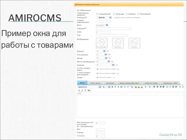 AMIROCMS Пример окна для работы с товарами: Слайд из 56