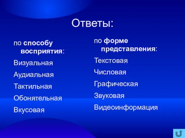 Ответы: по способу восприятия: Визуальная Аудиальная Тактильная Обонятельная Вкусовая по форме представления: