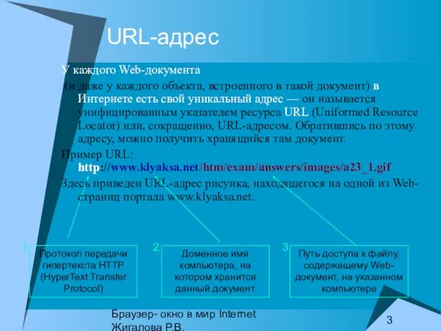 Браузер- окно в мир Internet Жигалова Р.В. URL-адрес У каждого Web-документа (и