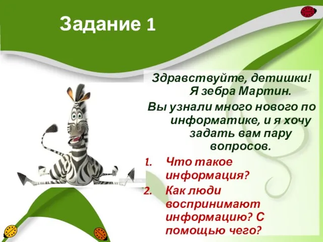 Задание 1 Здравствуйте, детишки! Я зебра Мартин. Вы узнали много нового по