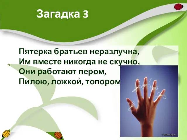 Загадка 3 Пятерка братьев неразлучна, Им вместе никогда не скучно. Они работают пером, Пилою, ложкой, топором.