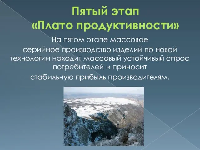 Пятый этап «Плато продуктивности» На пятом этапе массовое серийное производство изделий по