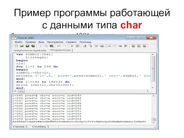 Пример программы работающей с данными типа char Для каждого кода символа ASCII