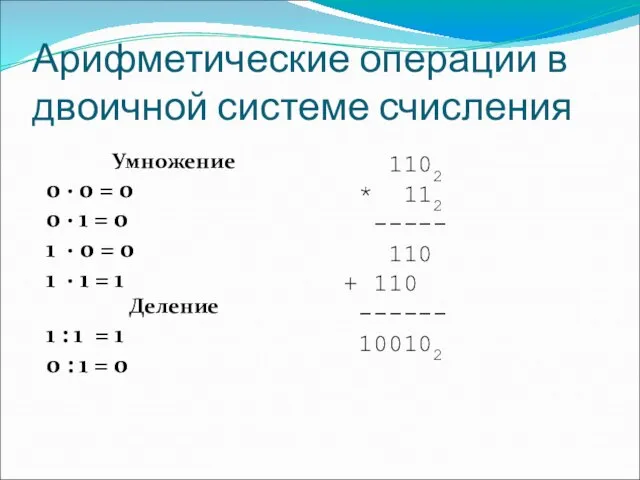 Арифметические операции в двоичной системе счисления