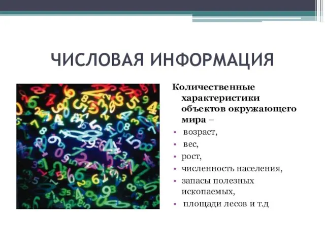 ЧИСЛОВАЯ ИНФОРМАЦИЯ Количественные характеристики объектов окружающего мира – возраст, вес, рост, численность