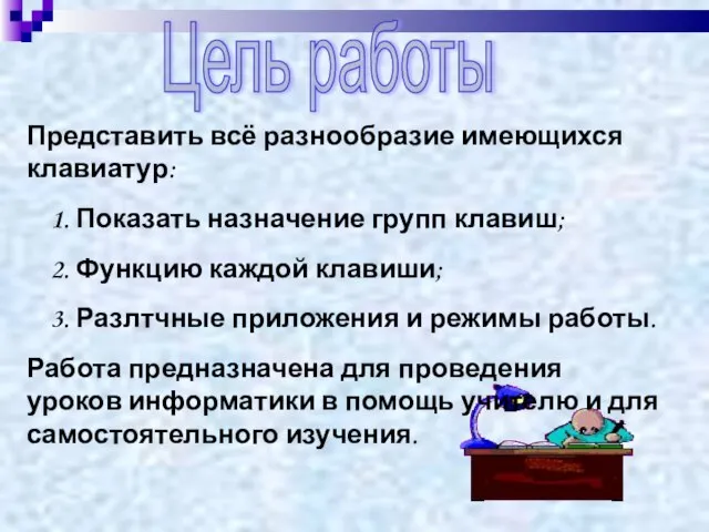 Цель работы Представить всё разнообразие имеющихся клавиатур: 1. Показать назначение групп клавиш;