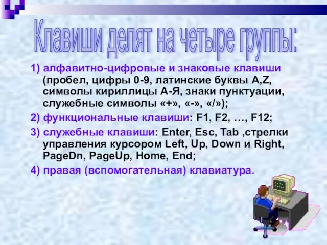 1) алфавитно-цифровые и знаковые клавиши (пробел, цифры 0-9, латинские буквы A,Z,символы кириллицы