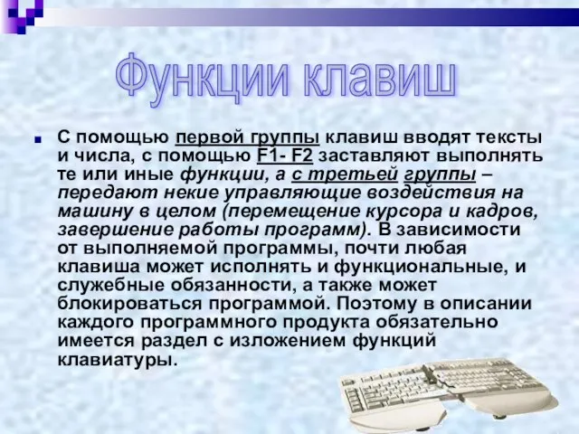 С помощью первой группы клавиш вводят тексты и числа, с помощью F1-