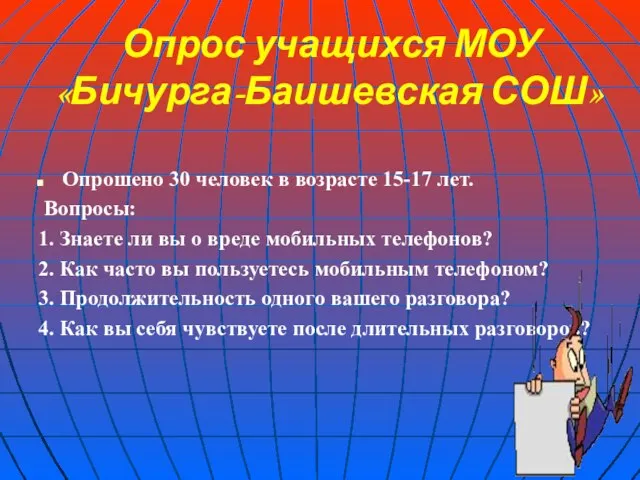 Опрос учащихся МОУ «Бичурга-Баишевская СОШ» Опрошено 30 человек в возрасте 15-17 лет.