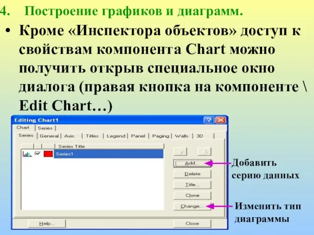 Построение графиков и диаграмм. Кроме «Инспектора объектов» доступ к свойствам компонента Chart