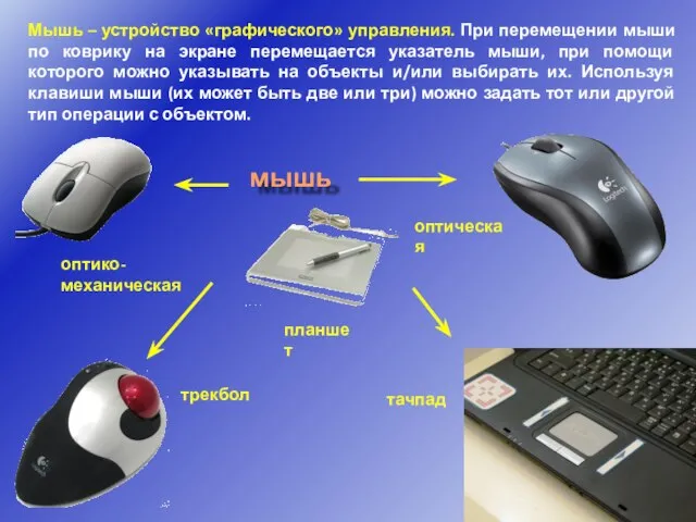 Мышь – устройство «графического» управления. При перемещении мыши по коврику на экране