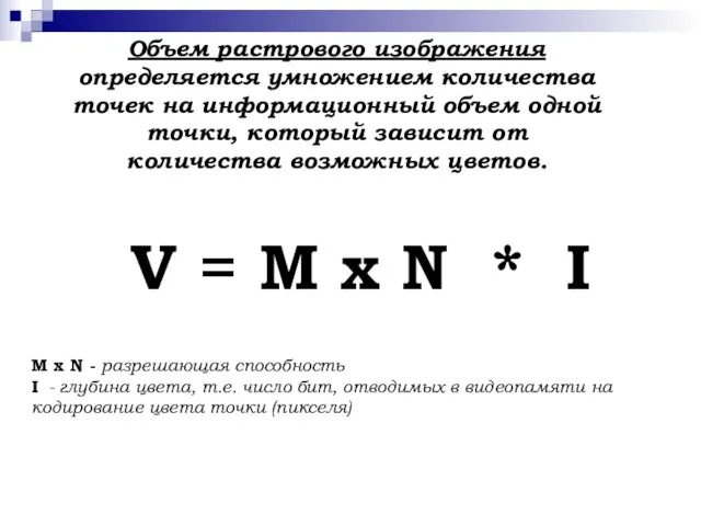 Объем растрового изображения определяется умножением количества точек на информационный объем одной точки,