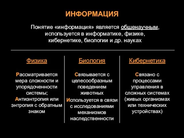 ИНФОРМАЦИЯ Понятие «информация» является общенаучным, используется в информатике, физике, кибернетике, биологии и др. науках