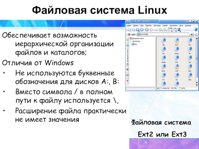 Файловая система Linux Обеспечивает возможность иерархической организации файлов и каталогов; Отличия от