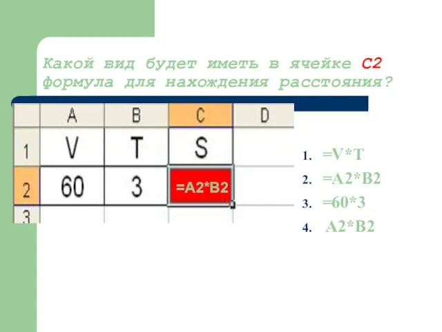 Какой вид будет иметь в ячейке С2 формула для нахождения расстояния? =V*T =A2*B2 =60*3 A2*B2 =A2*B2