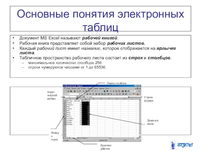 Основные понятия электронных таблиц Документ MS Excel называют рабочей книгой. Рабочая книга