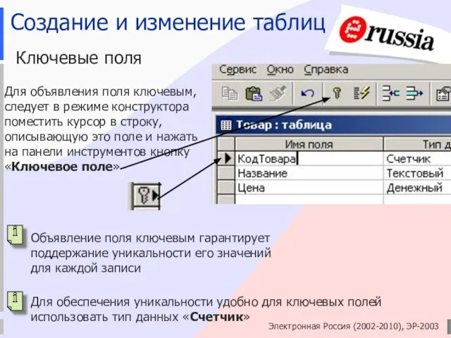 Электронная Россия (2002-2010), ЭР-2003 Создание и изменение таблиц Ключевые поля Объявление поля