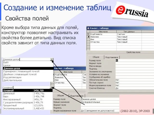Электронная Россия (2002-2010), ЭР-2003 Создание и изменение таблиц Свойства полей Кроме выбора