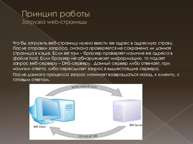 Принцип работы Загрузка web-страницы Что бы загрузить веб-страницу нужно ввести ее адрес