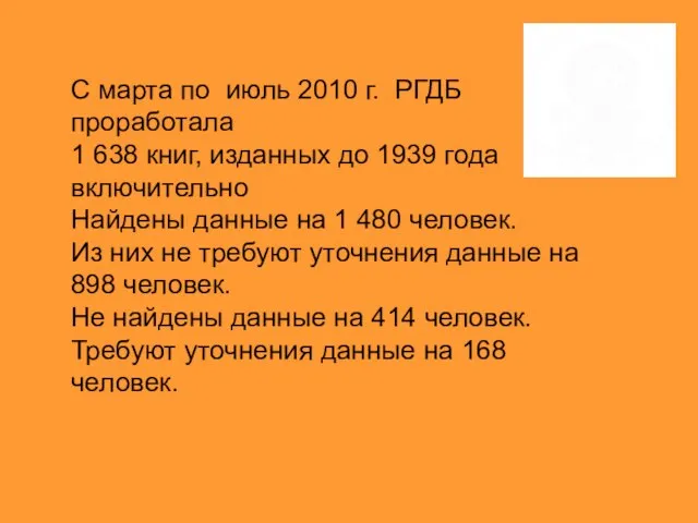 C марта по июль 2010 г. РГДБ проработала 1 638 книг, изданных