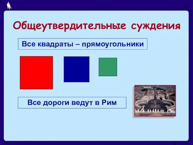 Все квадраты – прямоугольники Все дороги ведут в Рим Общеутвердительные суждения