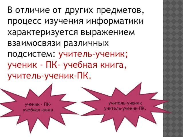 В отличие от других предметов, процесс изучения информатики характеризуется выражением взаимосвязи различных