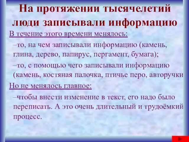 В течение этого времени менялось: то, на чем записывали информацию (камень, глина,