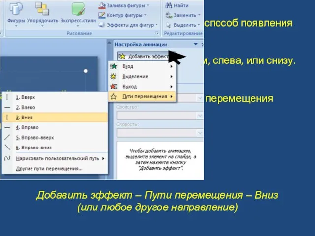 Настройка анимации позволяет задать способ появления рисунка (или надписи) на слайде. Самый
