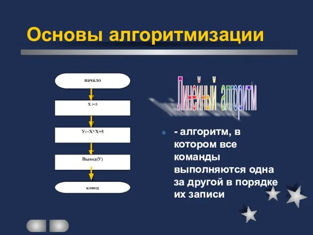 - алгоритм, в котором все команды выполняются одна за другой в порядке