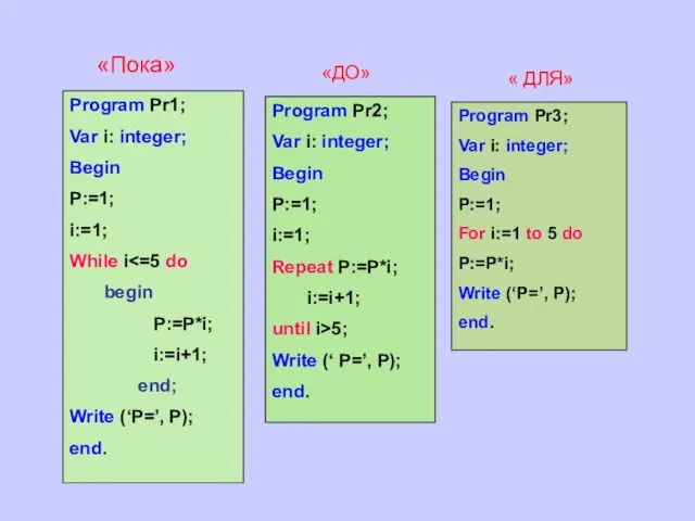 Program Pr1; Var i: integer; Begin P:=1; i:=1; While i begin P:=P*i;