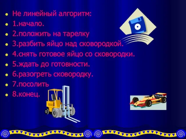 Не линейный алгоритм: 1.начало. 2.положить на тарелку 3.разбить яйцо над сковородкой. 4.снять