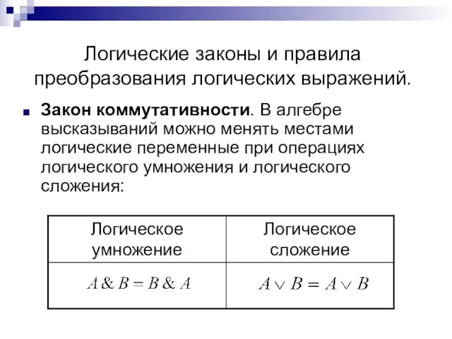 Логические законы и правила преобразования логических выражений. Закон коммутативности. В алгебре высказываний