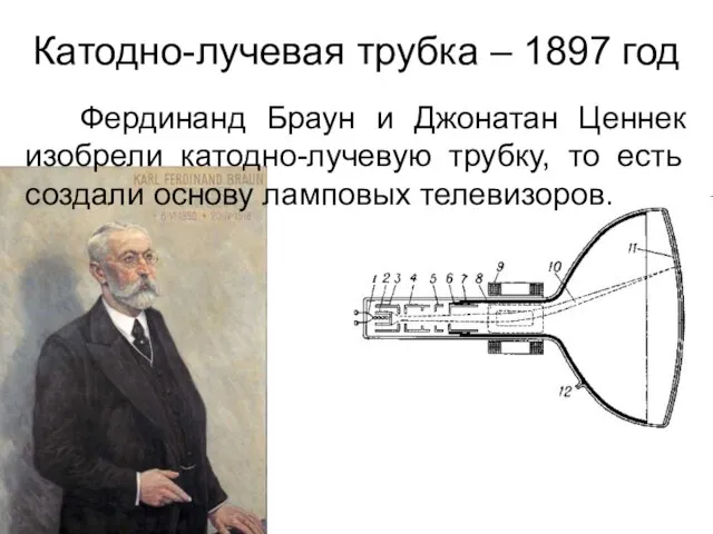 Катодно-лучевая трубка – 1897 год Фердинанд Браун и Джонатан Ценнек изобрели катодно-лучевую